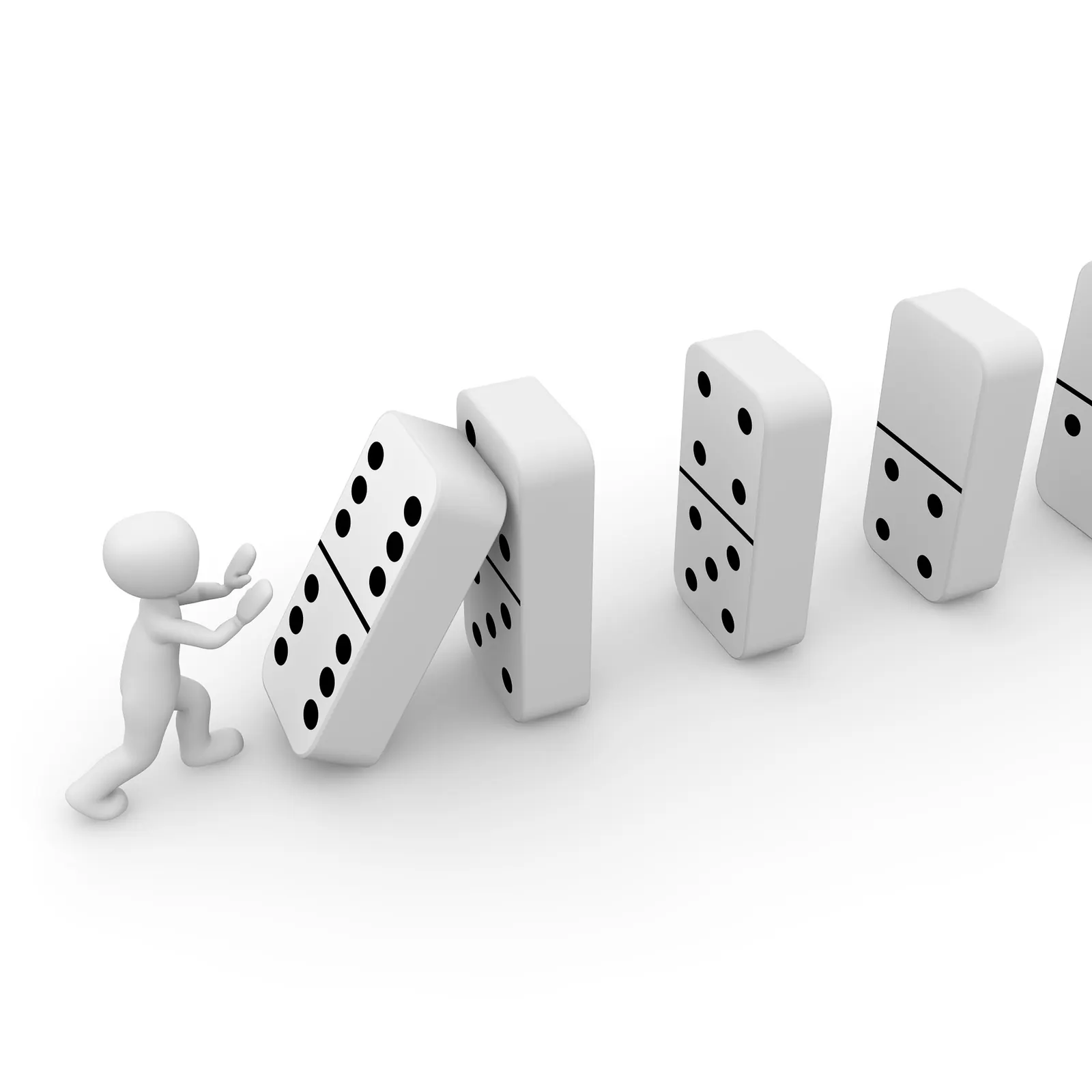 A small figure pushes the first of a row of dominoes - one step that starts the whole book.