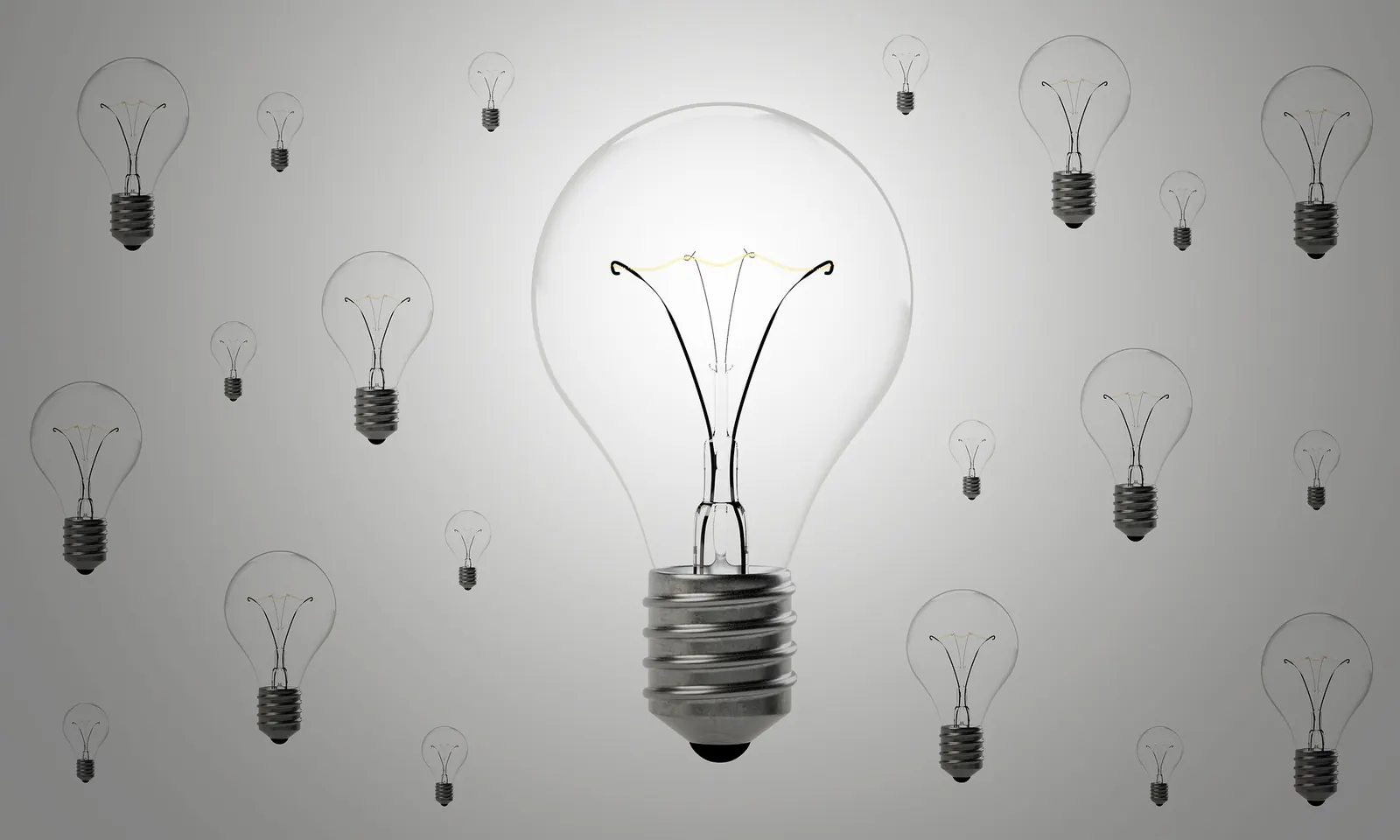 A field of unlit light bulbs with a single one glowing - the one book you are looking for.