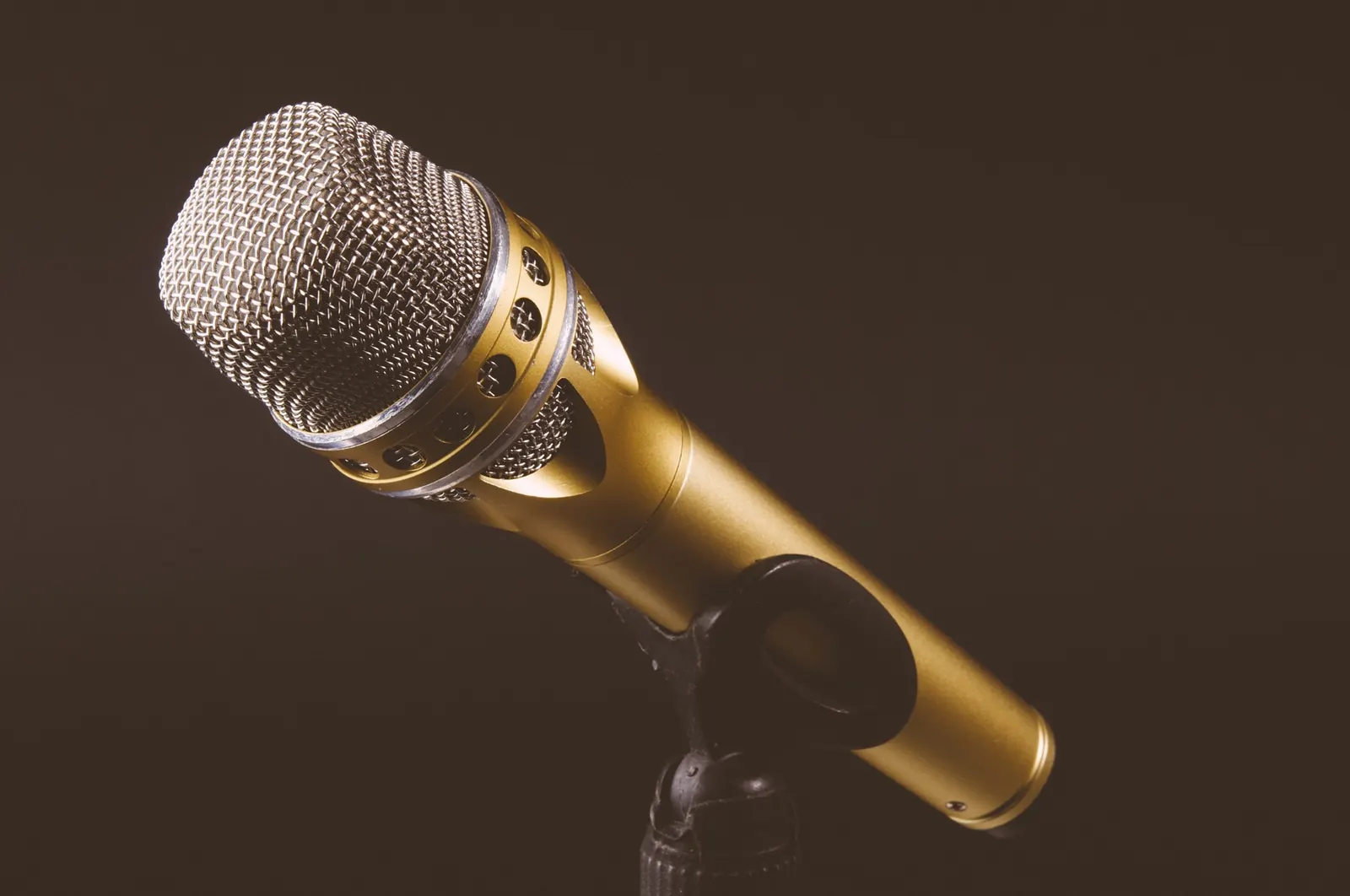 A gold microphone on a stand, ready for the conversation.